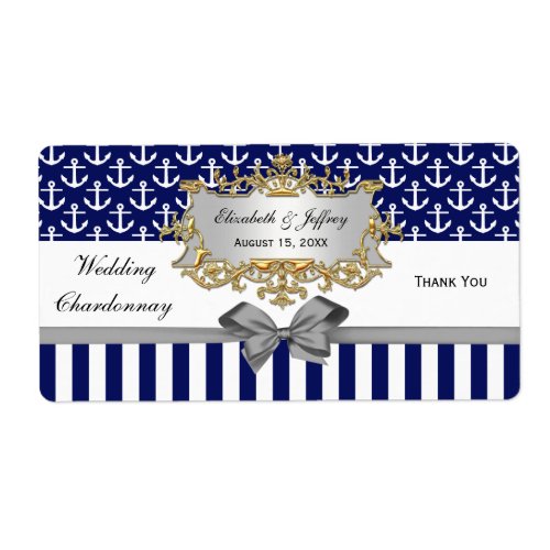 Navy Wt Anchor Stripe Gray Bow Party Wine Label