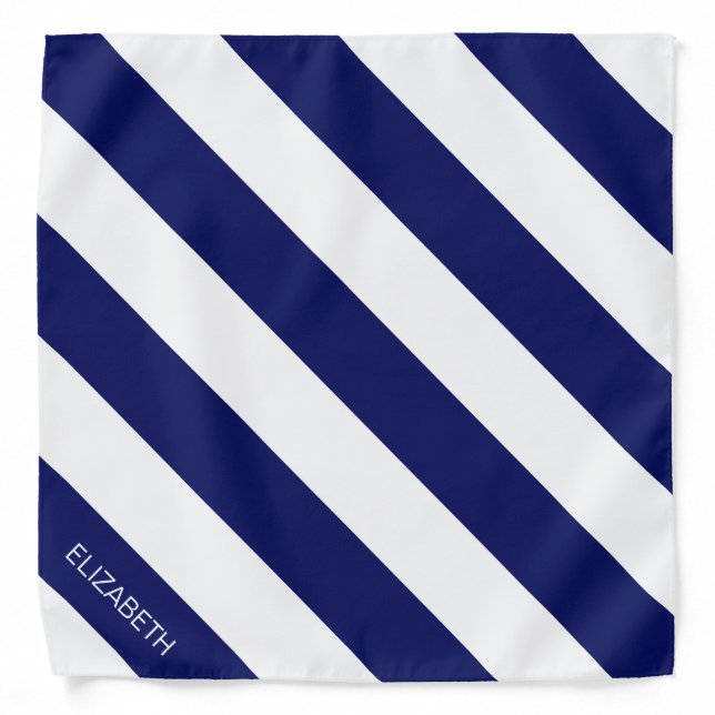 Navy Wt Horizontal Preppy Stripe #2 Name Monogram Bandana (Front)