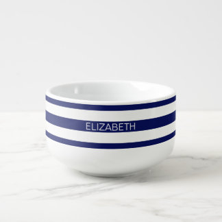 Navy Wt Horizontal Preppy Stripe #2 Name Monogram Soup Mug