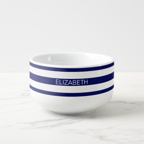 Navy Wt Horizontal Preppy Stripe 2 Name Monogram Soup Mug