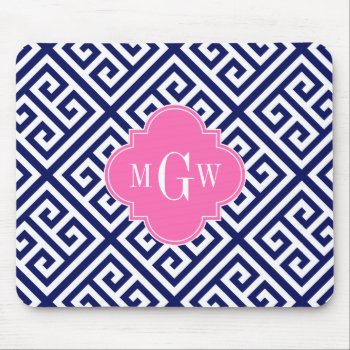 Navy Wt Med Greek Key Diag T Hot Pink 3i Monogram Mouse Pad by FantabulousCases at Zazzle