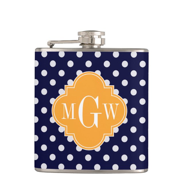 Navy Wt Polka Dot Cantaloupe Quatrefoil 3 Monogram Hip Flask (Front)