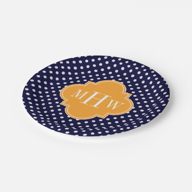 Navy Wt Polka Dot Cantaloupe Quatrefoil 3 Monogram Paper Plates (Angled)