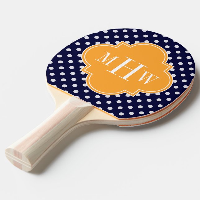 Navy Wt Polka Dot Cantaloupe Quatrefoil 3 Monogram Ping-Pong Paddle (Front Angle)