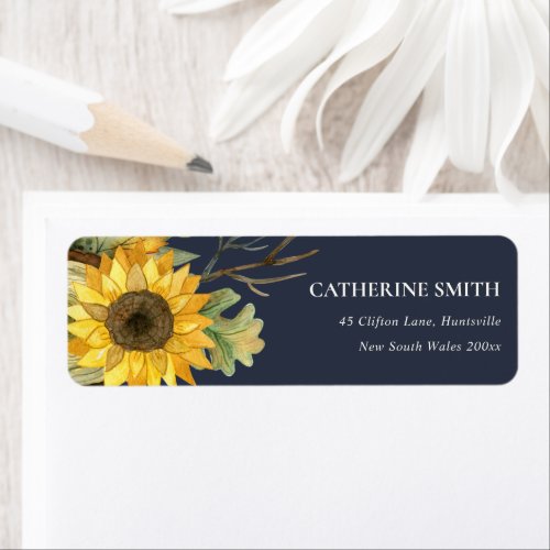 NAVY ya YELLOW SUNFLOWER WATERCOLOR FLORAL ADDRESS Label