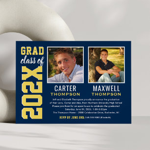 Navy Yellow 2026 Photo Double Graduation Party Invitation