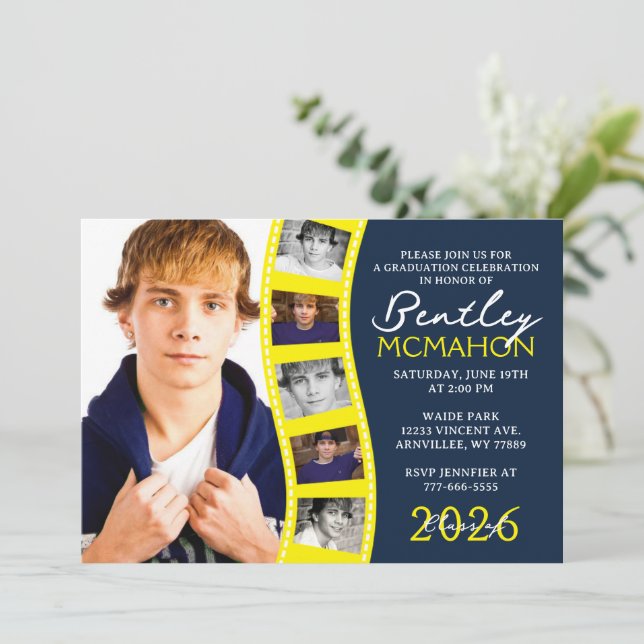 Navy & Yellow 6 Photo Filmstrip Graduation Collage Invitation (Standing Front)