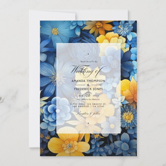Navy, Yellow, and Blue Floral Wedding Invitation (Front)
