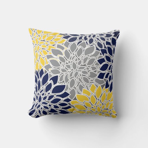 Navy Yellow and Gray Floral Background Throw Pillow