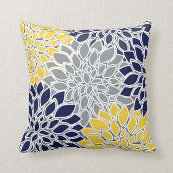 Navy  Yellow And Gray Floral Background Throw Pillow by DesignsbyDonnaSiggy at Zazzle