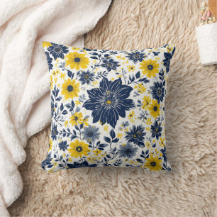 Navy, Yellow and Gray Floral Throw Pillow
