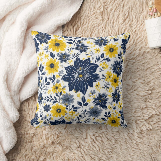 Navy, Yellow and Gray Floral Throw Pillow (Blanket)