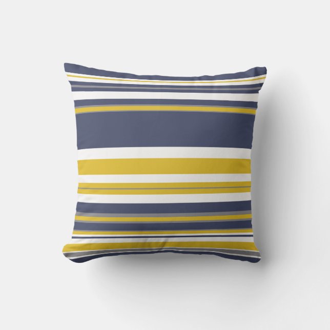 Navy Yellow and Gray Stripes Throw Pillow (Front)