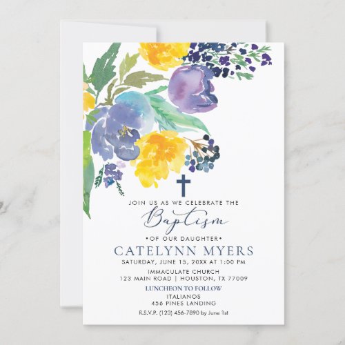 Navy Yellow and Purple Bright Floral Baptism Invitation