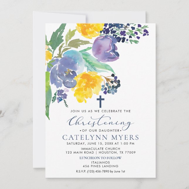 Navy Yellow and Purple Bright Floral Christening Invitation (Front)