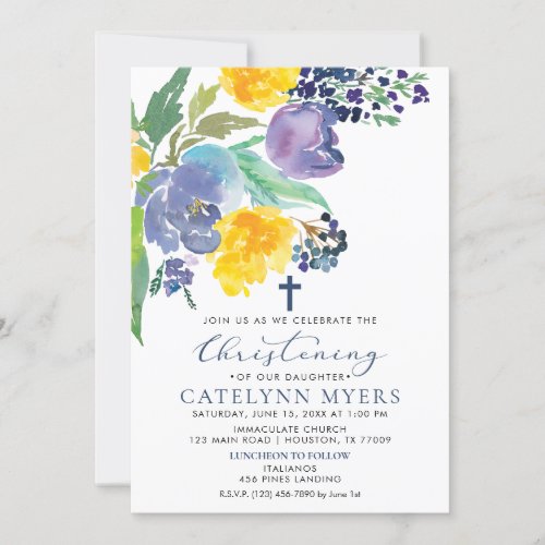 Navy Yellow and Purple Bright Floral Christening Invitation