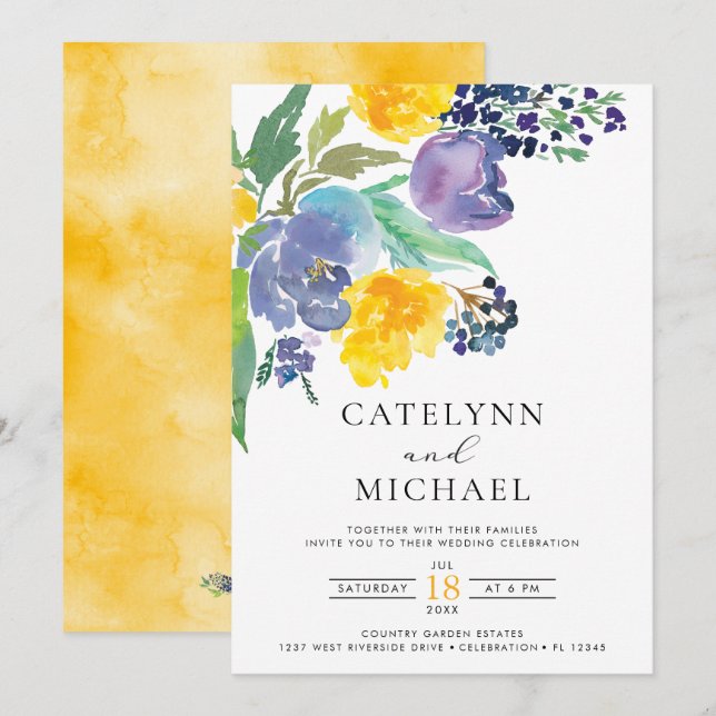Navy Yellow and Purple Bright Floral Wedding Invitation (Front/Back)