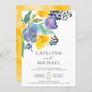Navy Yellow and Purple Bright Floral Wedding Invitation
