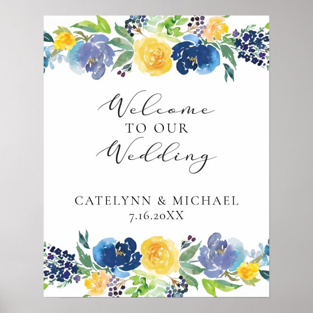 Navy Yellow and Purple Bright Floral Wedding Sign (Front)