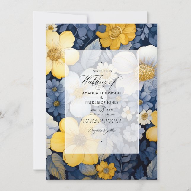 Navy, Yellow and White Floral Wedding Invitation (Front)