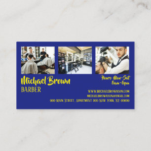 Navy Yellow Barber pole supply shop custom photo Business Card