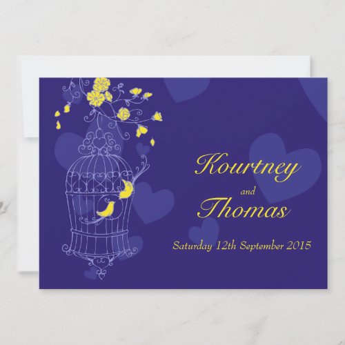 Navy &amp; yellow birds open cage wedding invitation