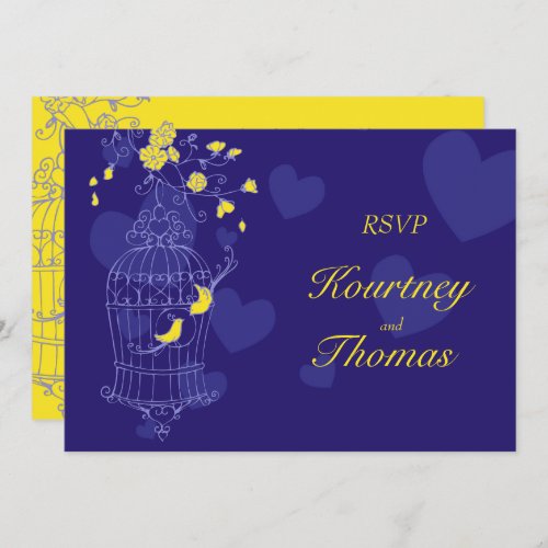 Navy yellow birds open cage wedding RSVP Invitation