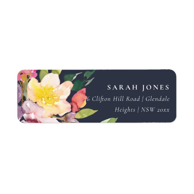 NAVY YELLOW BLUSH BURGUNDY FLORAL BUNCH ADDRESS LABEL (Front)