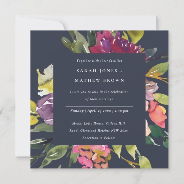 NAVY YELLOW BLUSH BURGUNDY FLORAL BUNCH WEDDING INVITATION (Front)