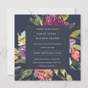 NAVY YELLOW BLUSH BURGUNDY FLORAL BUNCH WEDDING INVITATION