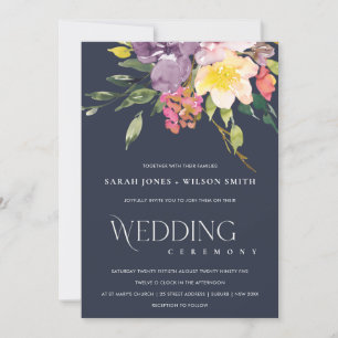 NAVY YELLOW BLUSH BURGUNDY FLORAL BUNCH WEDDING INVITATION