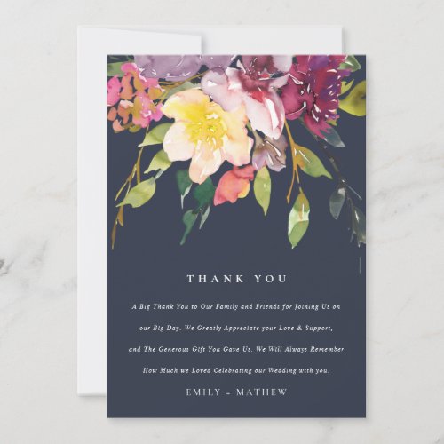 NAVY YELLOW BLUSH BURGUNDY FLORAL BUNCH WEDDING THANK YOU CARD