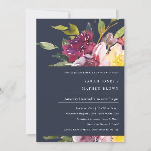 NAVY YELLOW BLUSH BURGUNDY FLORAL COUPLES SHOWER INVITATION
