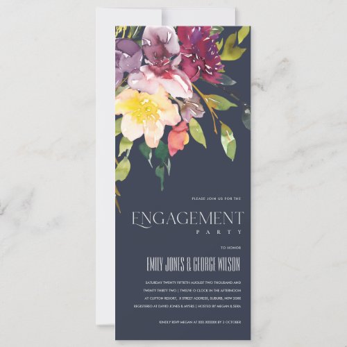 NAVY YELLOW BLUSH BURGUNDY FLORAL ENGAGEMENT INVITATION