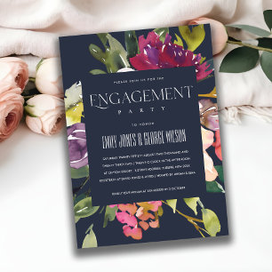 NAVY YELLOW BLUSH BURGUNDY FLORAL ENGAGEMENT INVITATION