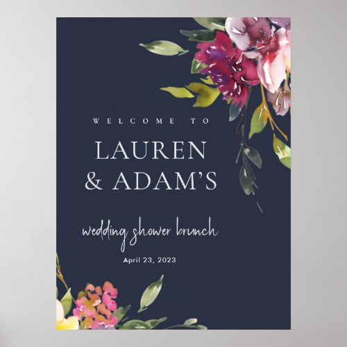 Navy Yellow Blush Burgundy Floral Wedding Welcome Poster