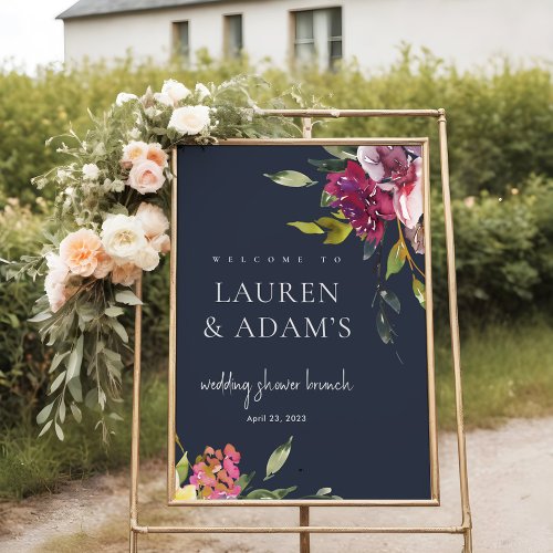 Navy Yellow Blush Burgundy Floral Wedding Welcome Poster