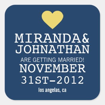 Navy & Yellow Bold Heart Save The Date Stickers by AllyJCat at Zazzle