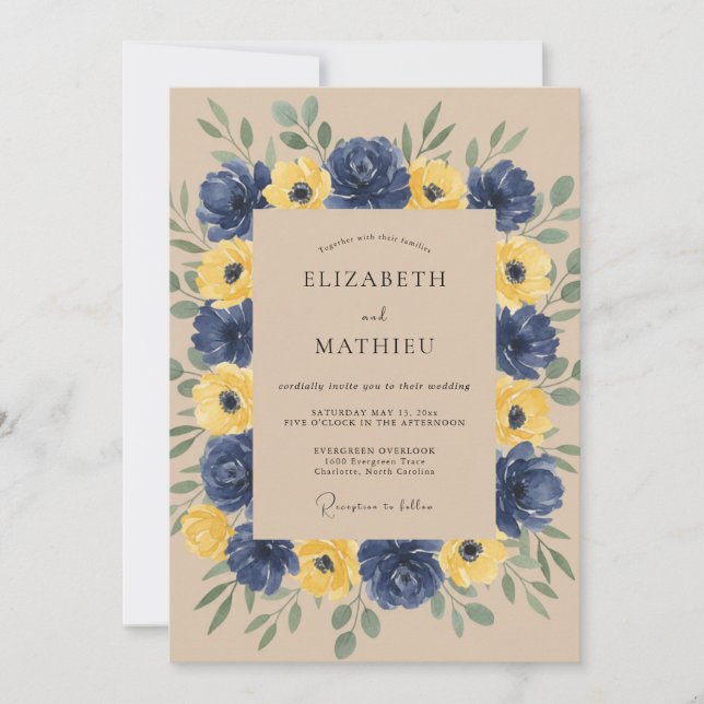 Navy Yellow Botanical Romance Wedding Invitation (Front)