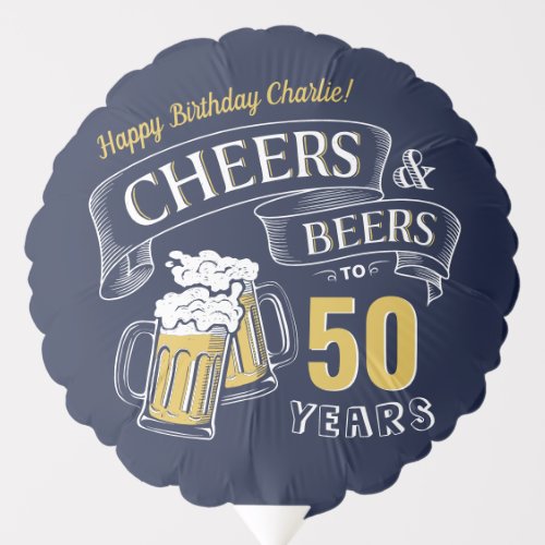 Navy Yellow Cheers And Beers Any Age Birthday Balloon