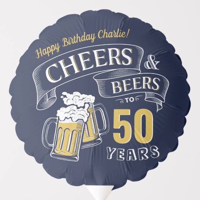 Navy Yellow Cheers And Beers Any Age Birthday Balloon (Front)