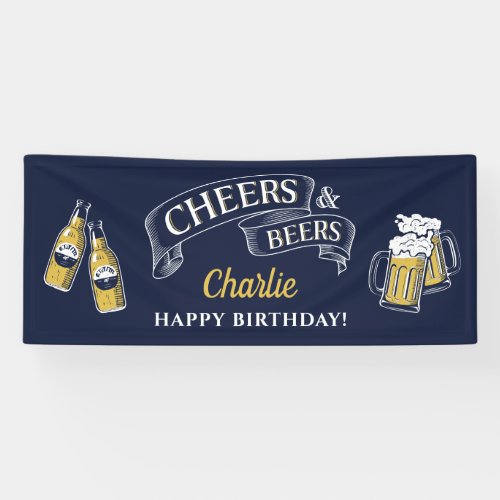 Navy Yellow Cheers And Beers Any Age Birthday Banner