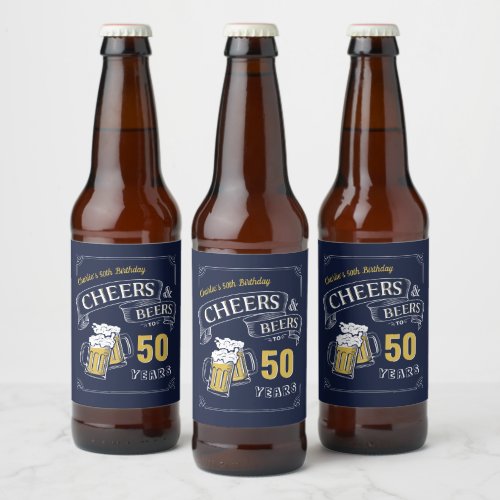 Navy Yellow Cheers And Beers Any Age Birthday Beer Bottle Label