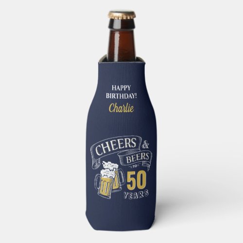 Navy Yellow Cheers And Beers Any Age Birthday Bottle Cooler