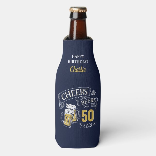 Navy Yellow Cheers And Beers Any Age Birthday Bottle Cooler (Bottle Front)