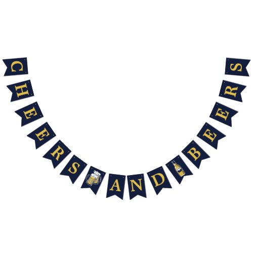 Navy Yellow Cheers And Beers Any Age Birthday Bunting Flags