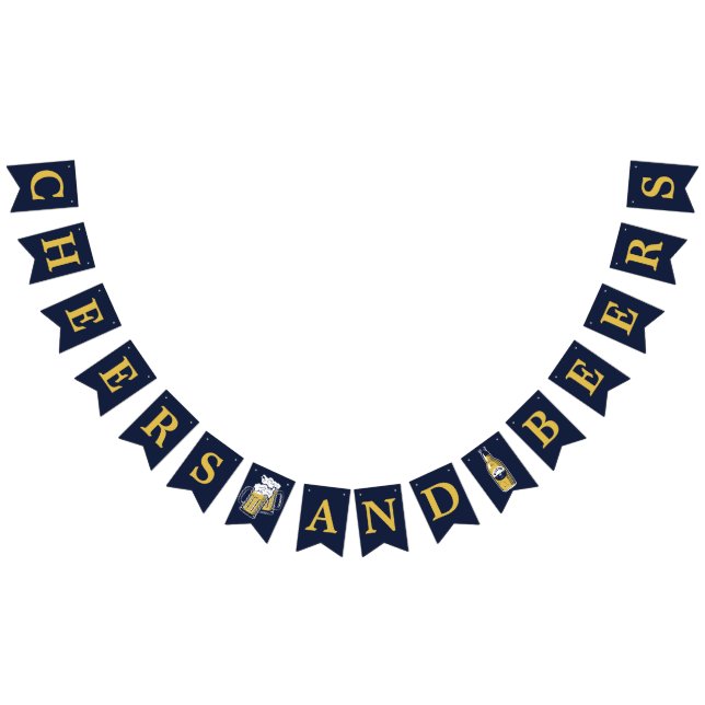Navy Yellow Cheers And Beers Any Age Birthday Bunting Flags (All)