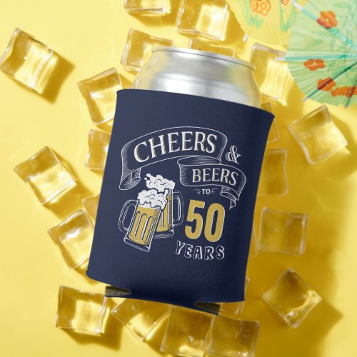 Navy Yellow Cheers And Beers Any Age Birthday Can Cooler