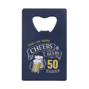 Navy Yellow Cheers And Beers Any Age Birthday Credit Card Bottle Opener