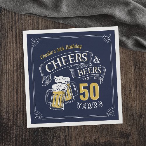 Navy Yellow Cheers And Beers Any Age Birthday Napkins